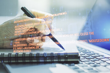 Poster - Abstract creative coding illustration with hand writing in diary on background with laptop, software development concept. Multiexposure