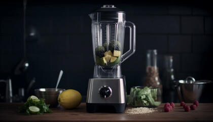 Canvas Print - Fresh organic smoothie preparation using modern kitchen appliances and ingredients generated by AI