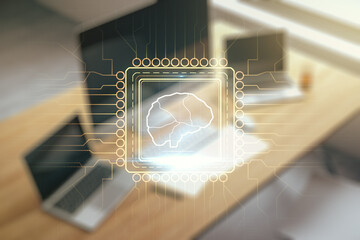 Poster - Double exposure of creative human brain microcircuit and modern desk with computer on background. Future technology and AI concept