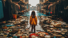 Backside Child Looking At A Lot Of Plastic Waste In The Water