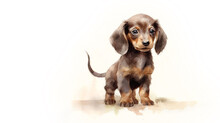 Dachshund Puppy. Stylized Watercolour Digital Illustration Of A Cute Dog With Big Eyes. AI