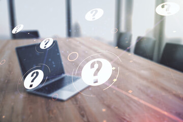Aufkleber - Creative abstract question mark sketch on modern laptop background, FAQ and research concept. Double exposure