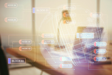 Aufkleber - Abstract creative coding concept with world map on modern laptop background. Multiexposure
