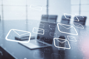 Poster - Creative abstract postal envelopes hologram on modern computer background, email and notification concept. Multiexposure