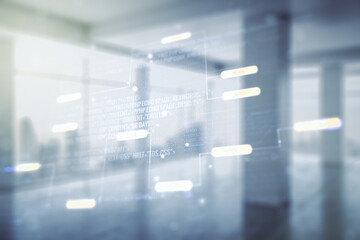 Poster - Multi exposure of abstract programming language hologram on abstract empty interior background, artificial intelligence and machine learning concept