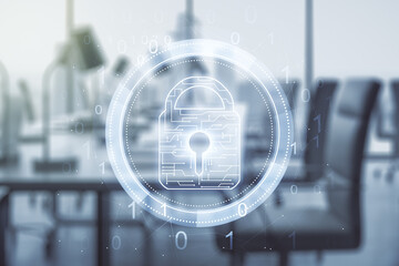 Aufkleber - Double exposure of virtual creative lock hologram with chip on modern corporate office background. Information security concept