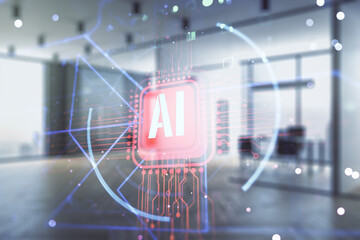 Aufkleber - Creative artificial Intelligence symbol hologram on a modern furnished classroom background. Double exposure