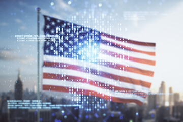 Poster - Abstract virtual creative code skull hologram on US flag and city background, theft of personal data and malware concept. Multiexposure