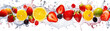 Banner with fresh fruits with water drops, isolated on white background. Food background, wallpaper, screensaver. Generative AI
