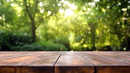 Poster - Beautiful sunlight in the autumn forest with wood table top, nature background, bokeh background. High quality photo