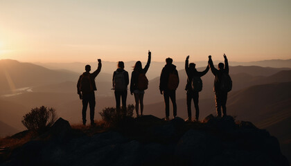 Poster - A group of cheerful hikers celebrate success at mountain peak generated by AI