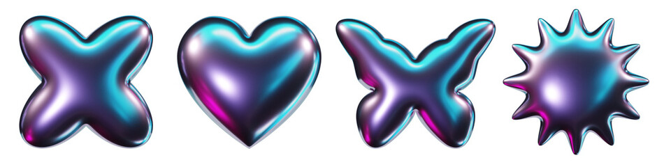 Fototapete - 3d purple chrome metal shapes - butterfly and stars. Abstract liquid mercury galaxy metallic icon. 3d rendering violet aluminum gradient shape design element isolated on white background