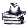 stack of books with apple sketch