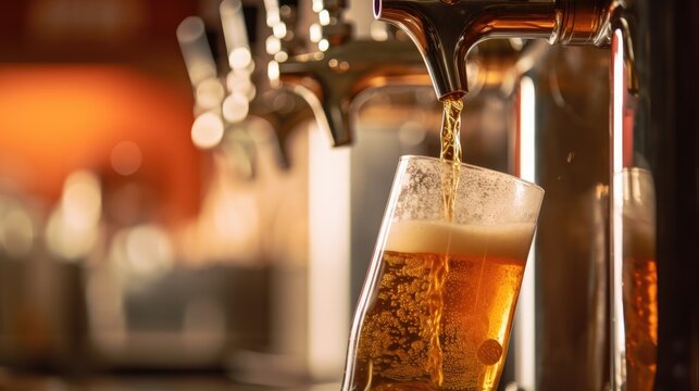 Cold beer pour in glass from crane in pub background