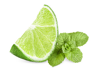Wall Mural - slice of lime and a sprig of mint, white isolated background