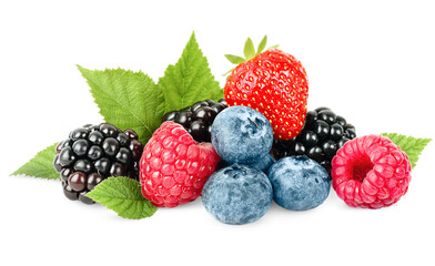 strawberries, raspberries, blueberries and blackberries on a white isolated background