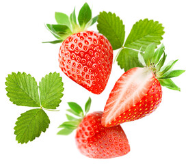 Wall Mural - strawberry with leaves falling on isolated on white background