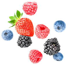 Wall Mural - Mix berries. raspberries, strawberries, blackberries and blueberries falling on an isolated on white background