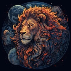 Wall Mural - The beautiful lion is in a starry sky with a colorful background