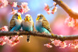 Three lblue budgerigars sit on a branch of sakura blossoms. Generative AI