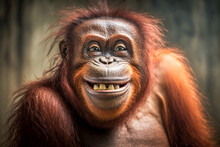 Portrait Of Realistic And Adorable Orangutans With Smile Illustration. Closeup Funny Smiling Animal Face. Hilarious, Humorous, Entertaining Animals, Heartwarming Concept. Made With Generative AI