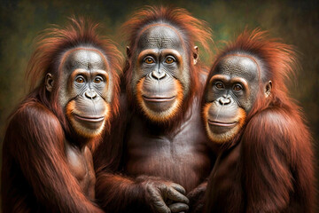 Portrait of realistic and adorable 3 Orangutans with smile Illustration. Closeup funny smiling animal face. Humorous, entertaining animal, Orangutan family brothers or sisters. Made with Generative AI