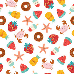 Wall Mural - cartoon seamless pattern with fruits and summer elements