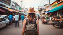Woman Traveler With Backpack And Hat Sightseeing Through The Streets And Street Food Stall Markets In Asia. Generative Ai.