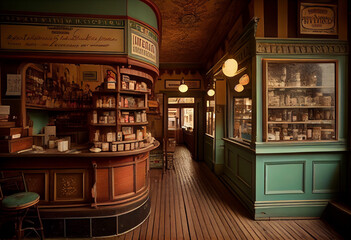 Old fashioned pharmacy interior. Early 20th century style. AI generated.