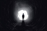 Fototapeta Przestrzenne - A person walking in a tunnel filled with darkness representing the feelings of depression that can come with Psychology art concept. AI generation