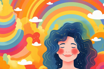 A person surrounded by a colourful rainbow with a huge smile on their face. Psychology art concept. AI generation