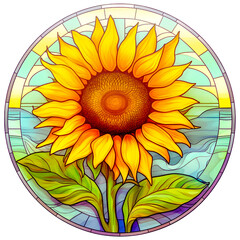 Wall Mural - Stained glass sunflower circle clipart with transparent background, created with generative AI technology