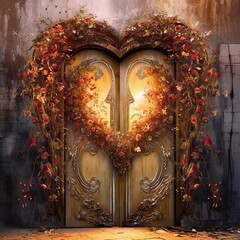 Wall Mural - Doors of love to our heart, soul. Concept of universal love, spirituality, connection. Awareness of inner self. Concept. Esoteric. Generative AI.