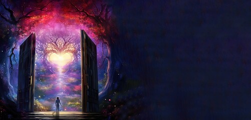 Wall Mural - Doors of love to our heart, soul. Concept of universal love, spirituality, connection. Awareness of inner self. Concept. Esoteric. Generative AI.