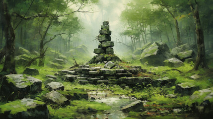 Wall Mural - A vibrant green glade encircled by weathered stones its silence broken only by the Fantasy art concept. AI generation