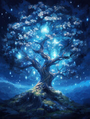 Wall Mural - A magical tree with brilliant silver branches and glowing starfilled leaves that seem Fantasy art concept. AI generation