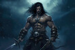 A formidable warrior with wild black hair and a rippling physique wielding two massive Fantasy art concept. AI generation