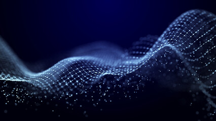 Poster - Abstract background grid. Data stream. Futuristic blue particle wave. 3d rendering.