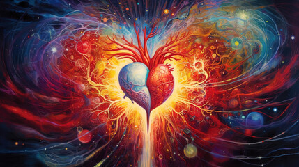 Wall Mural - Enlightened heart connected to the universe. Concept of love and consciousness expanding through the heart. Colorful concept of other realities. Spirituality. Esoteric. 