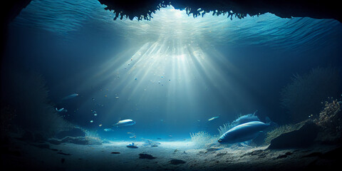 Wall Mural - Underwater world; the sun's rays illuminate the seabed through the water. AI generated.