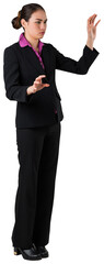 Poster - Digital png photo of focused asian businesswoman touching virtual screen on transparent background