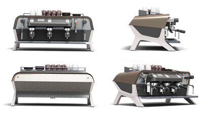 Set of new professional coffee machine in different views 3d render on white