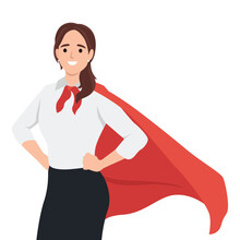 Young Woman Business Lady Wearing Super Hero Cloak. Woman Power, Lady Business, Brave Woman. Flat Vector Illustration Isolated On White Background
