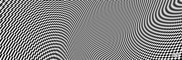 Wall Mural - Abstract Black and White Pattern with Endless Chessboard. Contrasty Optical Psychedelic Illusion Spotted Spiral. Volume Checkerboard in Perspective on White Background. Vector. 3D Illustration