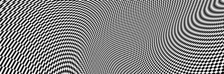 Poster - Abstract Black and White Pattern with Endless Chessboard. Contrasty Optical Psychedelic Illusion Spotted Spiral. Volume Checkerboard in Perspective on White Background. Raster. 3D Illustration