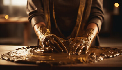 Canvas Print - The potter skillful hand molds a beautiful earthenware bowl generated by AI