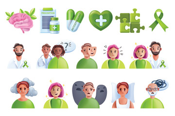 3D mental health icon set, medical vector psychiatrist illustration, tired bipolar patient, brain. Psychologist personal consultation, antidepressant support pills, prescription remedy. Mental health