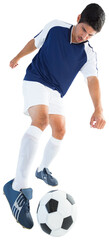 Poster - Digital png photo of hispanic footballer kicking ball on transparent background