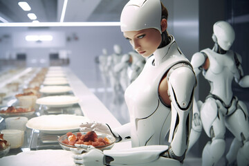 Beautiful humanoid android young woman, preparing tasty colored food on the futuristic white kitchen, cooking robot concept, AI Generative