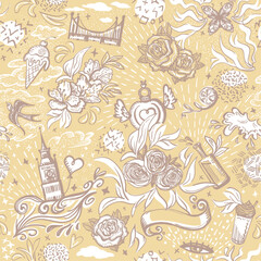  Fashion seamless multi symbol pattern with flowers and desserts